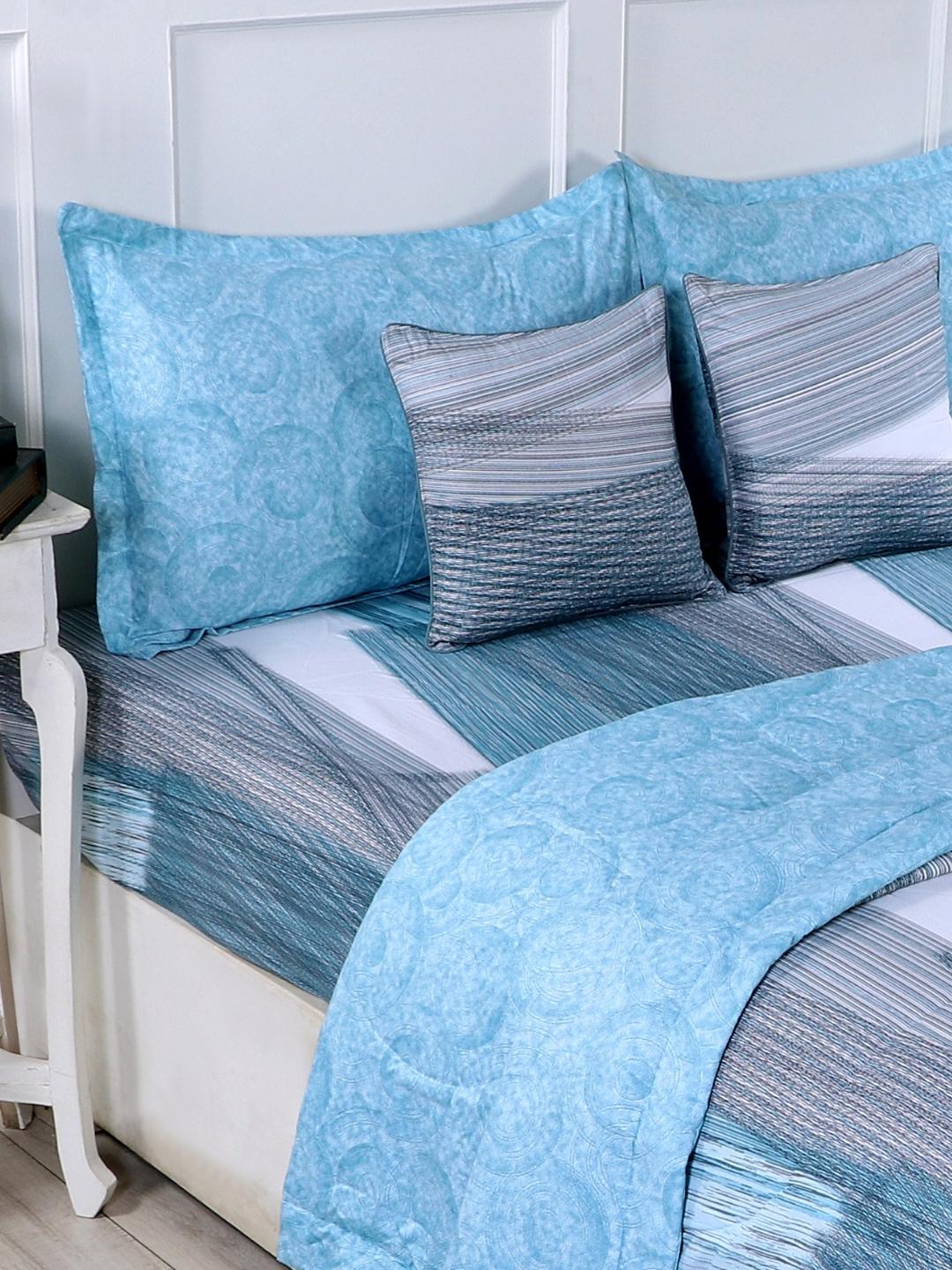 Cotton 6 Pcs Double Bed Bedding Set-Blue and Grey