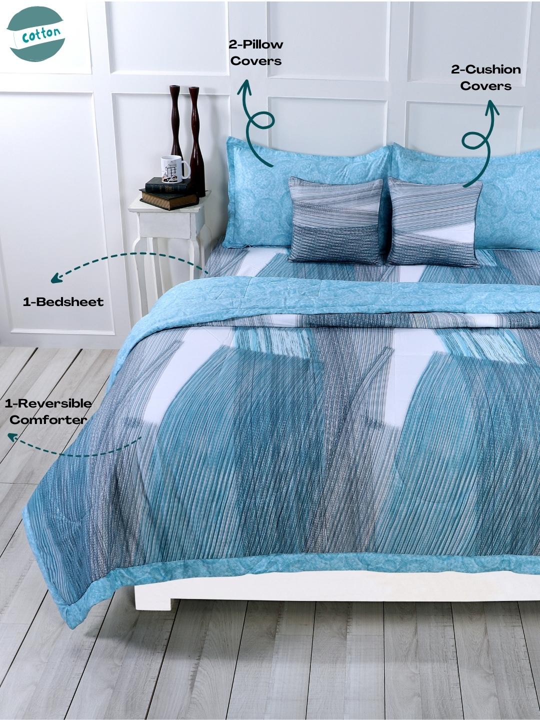 Cotton 6 Pcs Double Bed Bedding Set-Blue and Grey