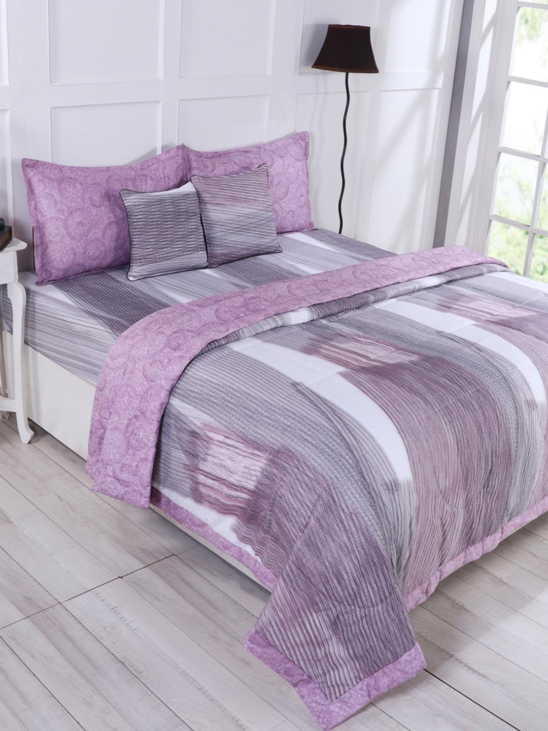 Cotton 6 Pcs Double Bed Bedding Set-Blue and Grey-Wine and Grey