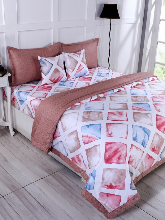 Cotton 6 Pcs Double Bed Bedding Set-Blue and Grey-Red and Brown