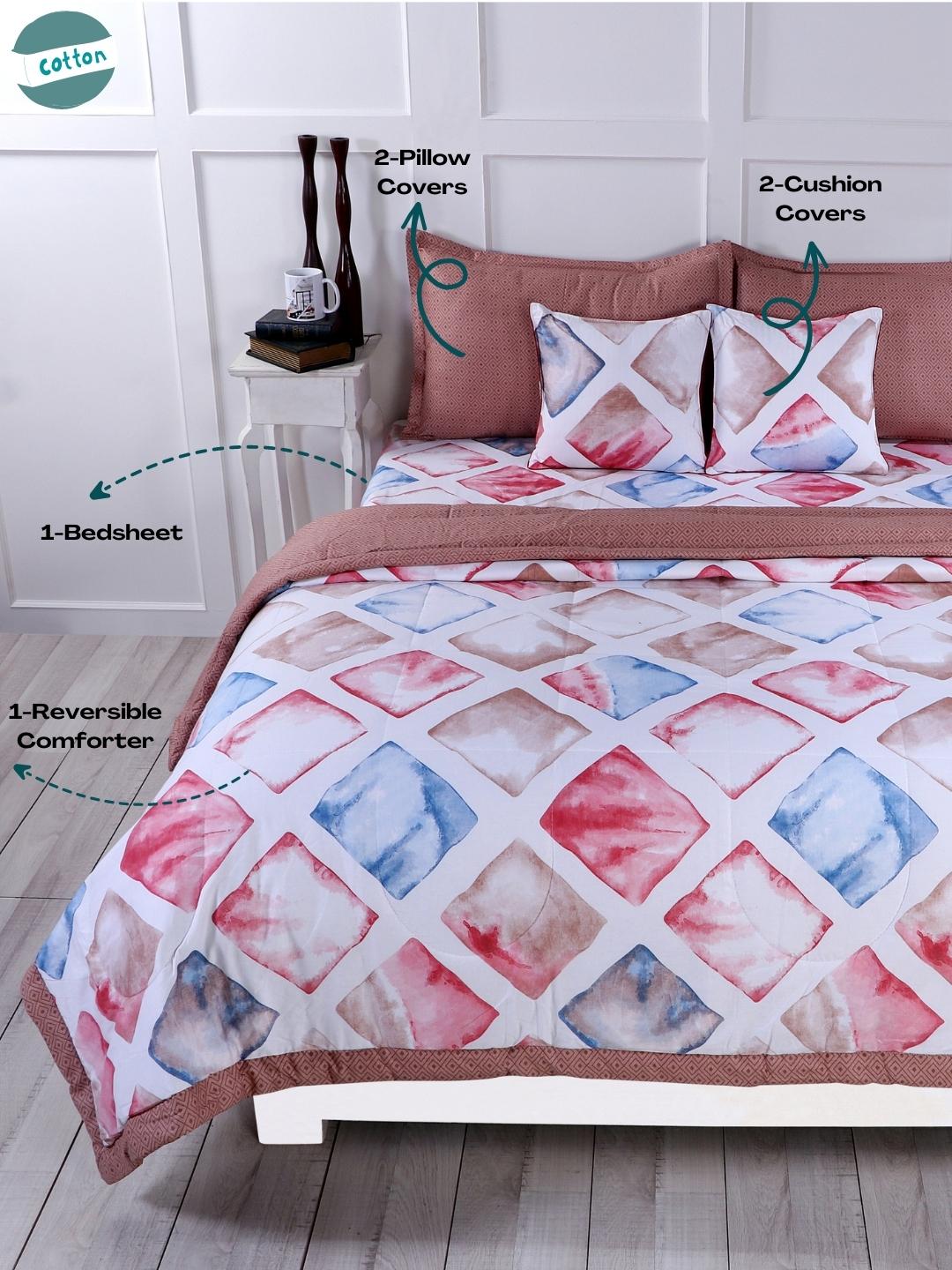 Cotton 6 Pcs Double Bed Bedding Set-Blue and Grey-Red and Brown