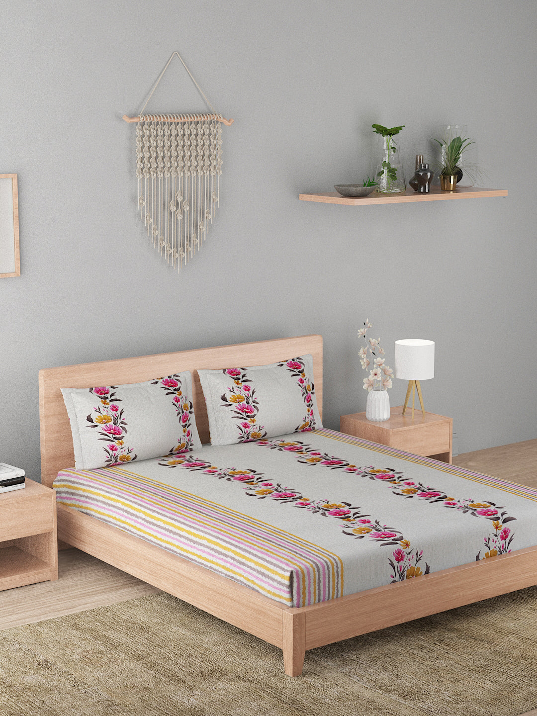 180 TC Double Bed Cotton Bedsheet with 2 Pillow Covers-Pink and Lavender