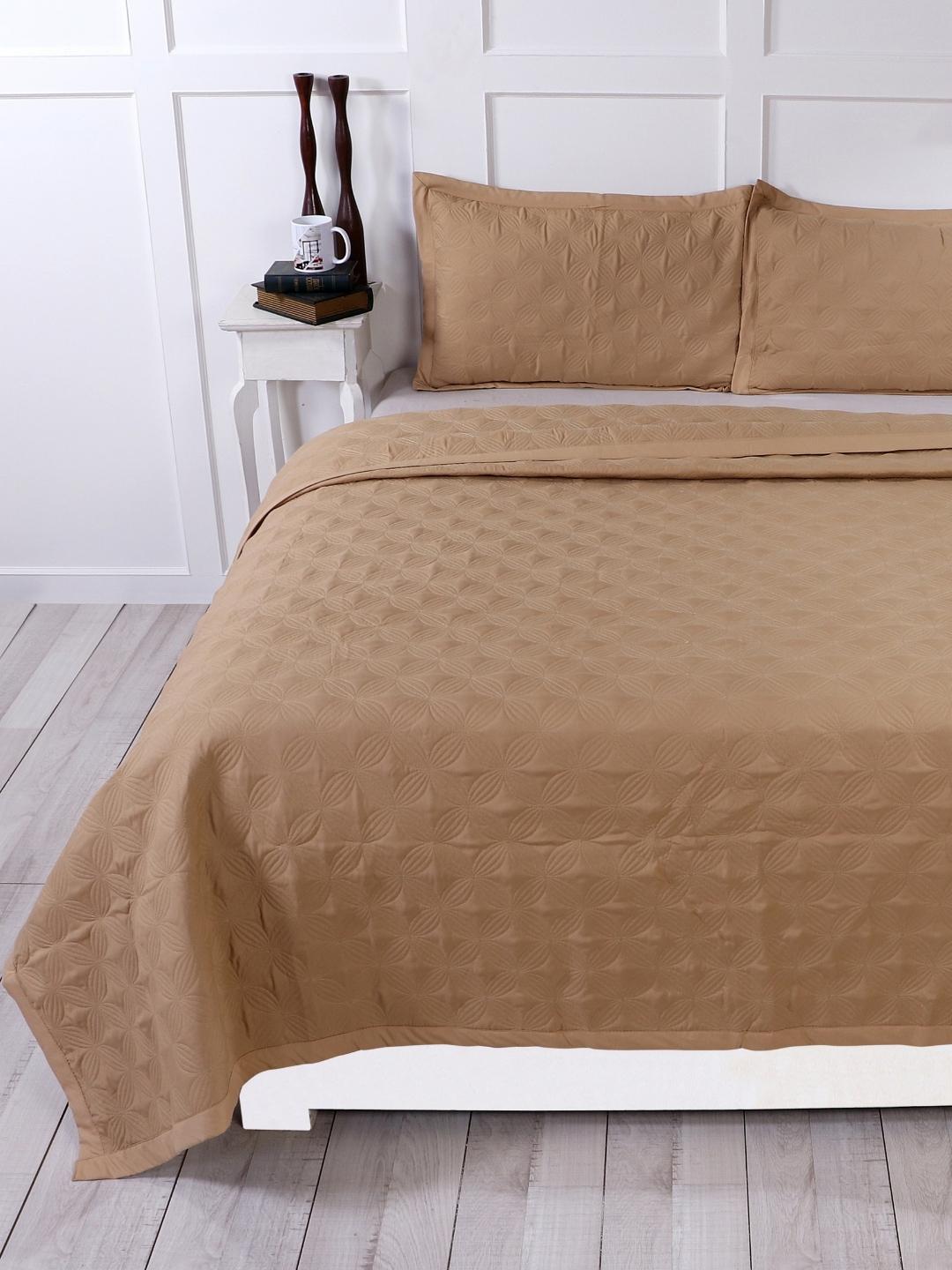 Double Bed Embroidered and Quilted Bedcover Set-Camel