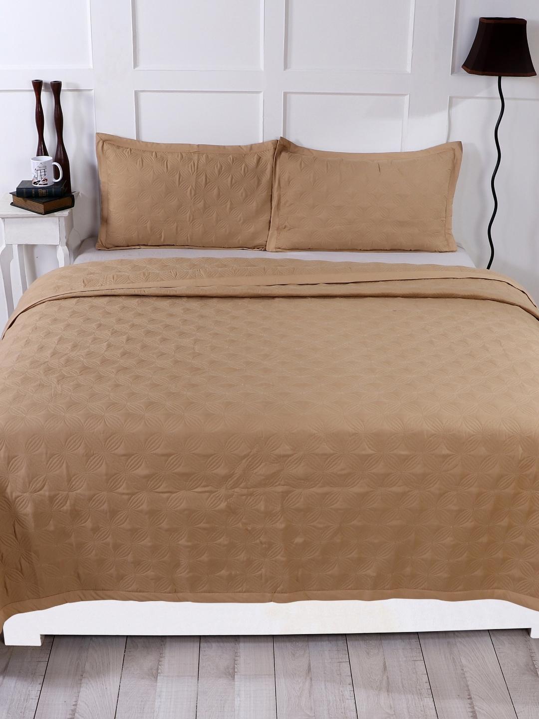 Double Bed Embroidered and Quilted Bedcover Set-Camel