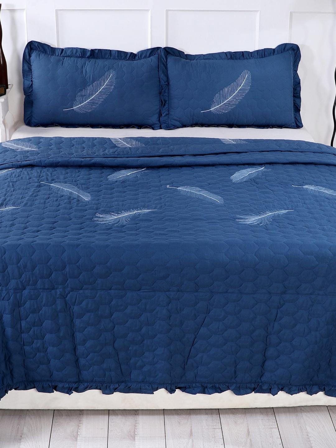 Double Bed Embroidered and Quilted Bedcover Set-Navy Blue