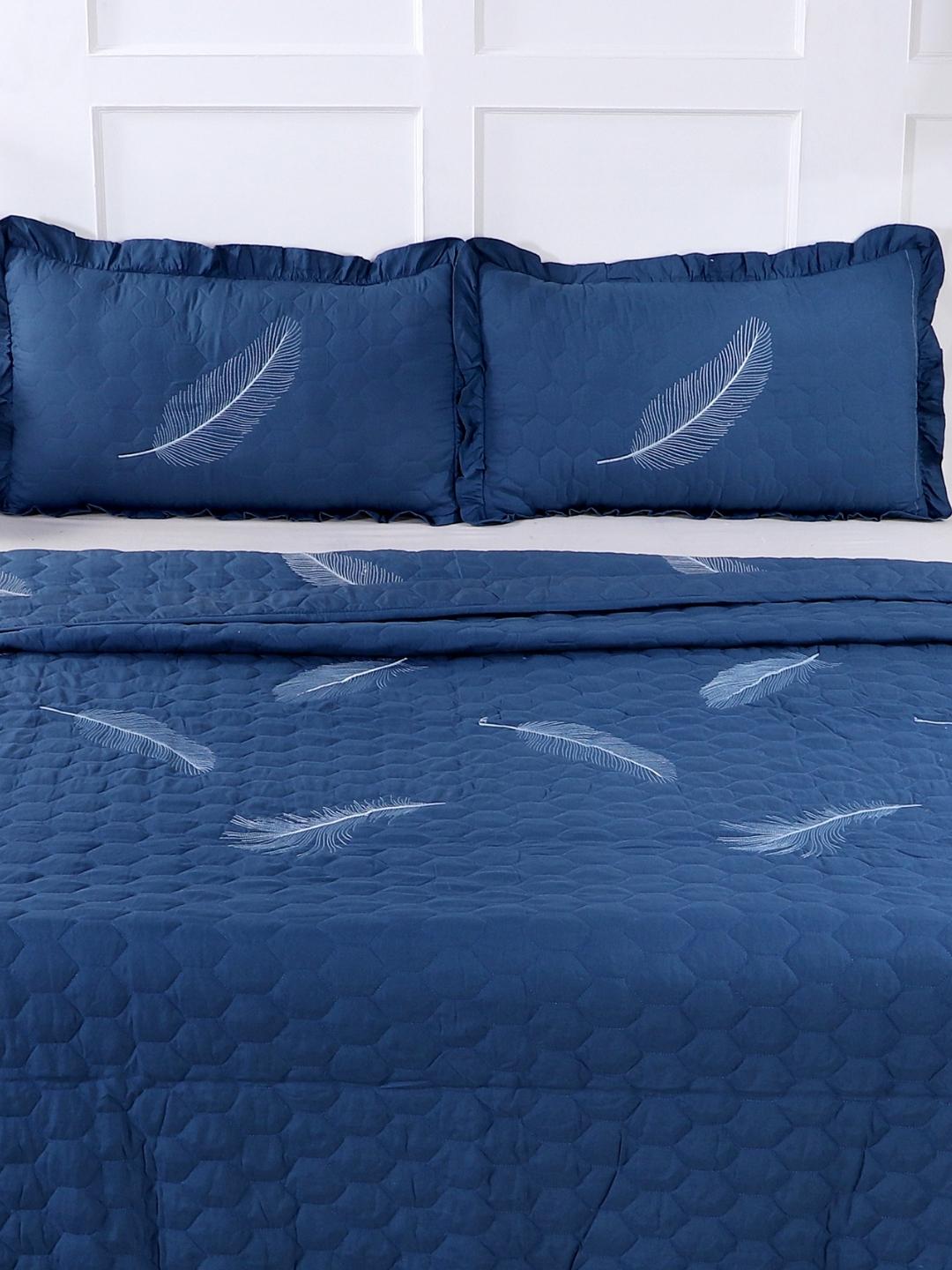 Double Bed Embroidered and Quilted Bedcover Set-Navy Blue
