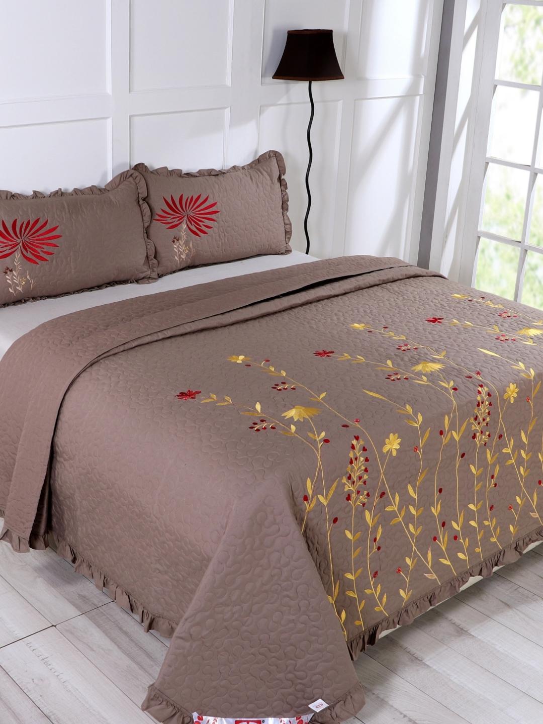 Double Bed Embroidered and Quilted Bedcover Set-Khakhi Brown