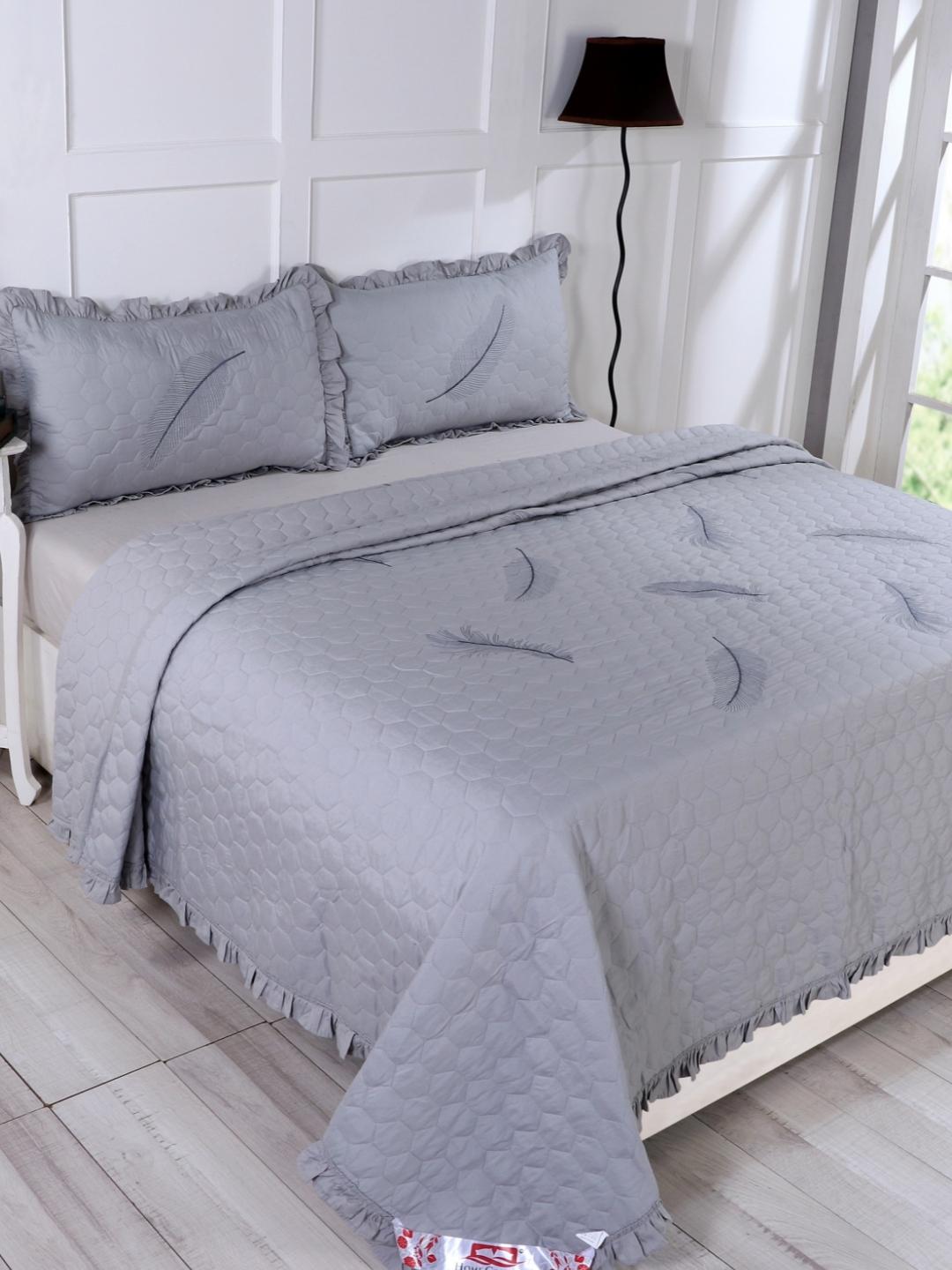 Double Bed Embroidered and Quilted Bedcover Set-Silver Grey