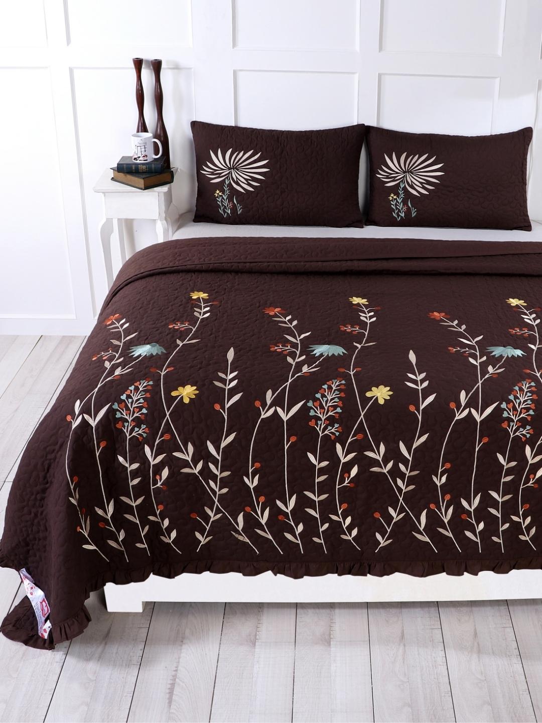 Double Bed Embroidered and Quilted Bedcover Set-Dark Brown