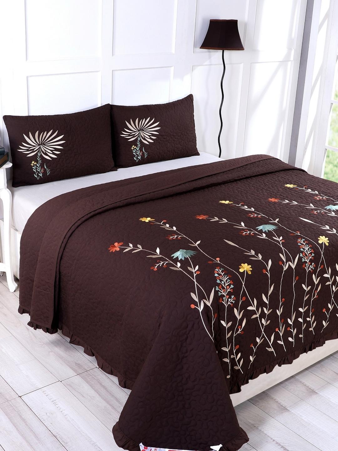 Double Bed Embroidered and Quilted Bedcover Set-Dark Brown