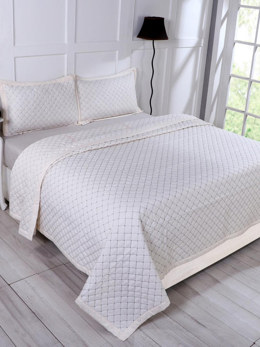 Double Bed Embroidered and Quilted Bedcover Set-Pearl White