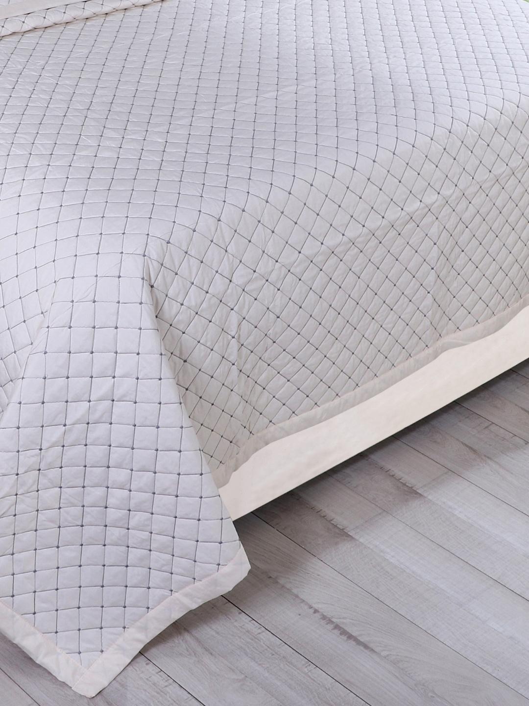 Double Bed Embroidered and Quilted Bedcover Set-Pearl White