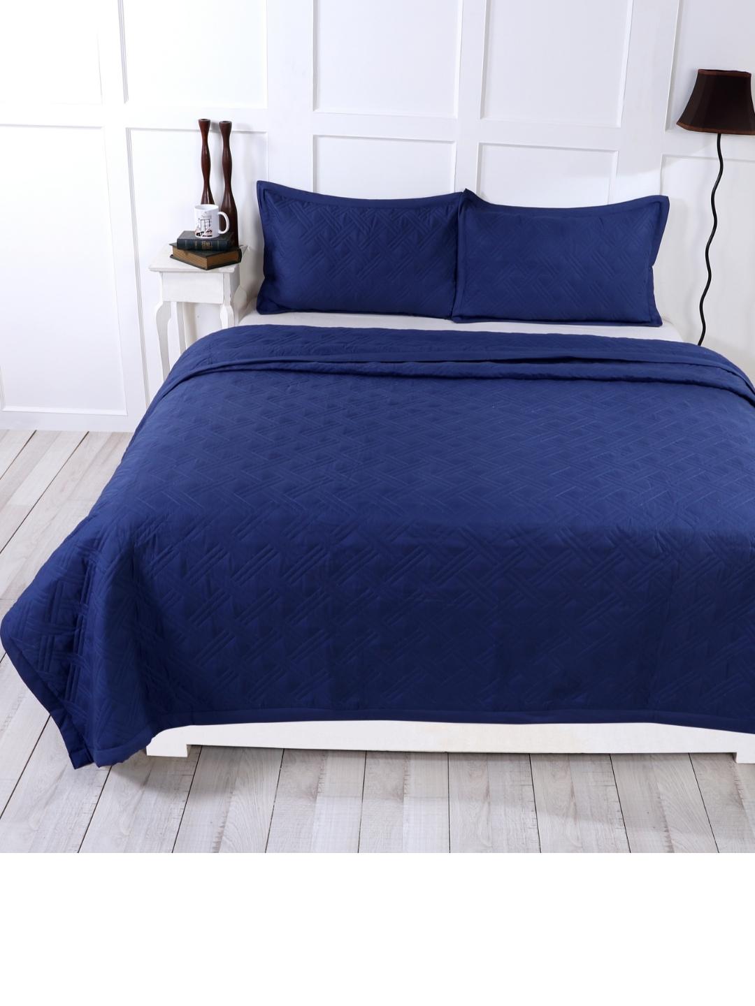 Double Bed Embroidered and Quilted Bedcover Set-Deep Blue