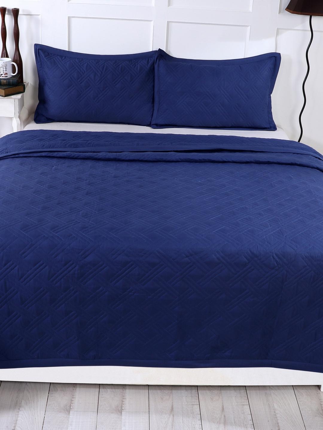 Double Bed Embroidered and Quilted Bedcover Set-Deep Blue