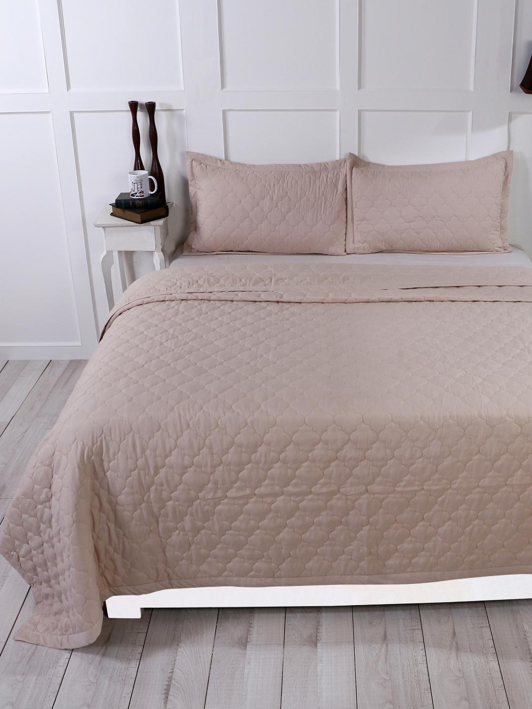 Double Bed Embroidered and Quilted Bedcover Set-Taupe