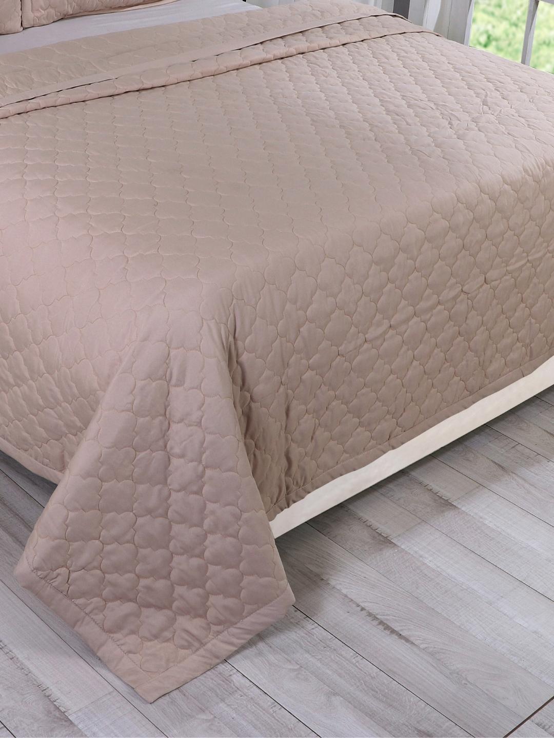 Double Bed Embroidered and Quilted Bedcover Set-Taupe