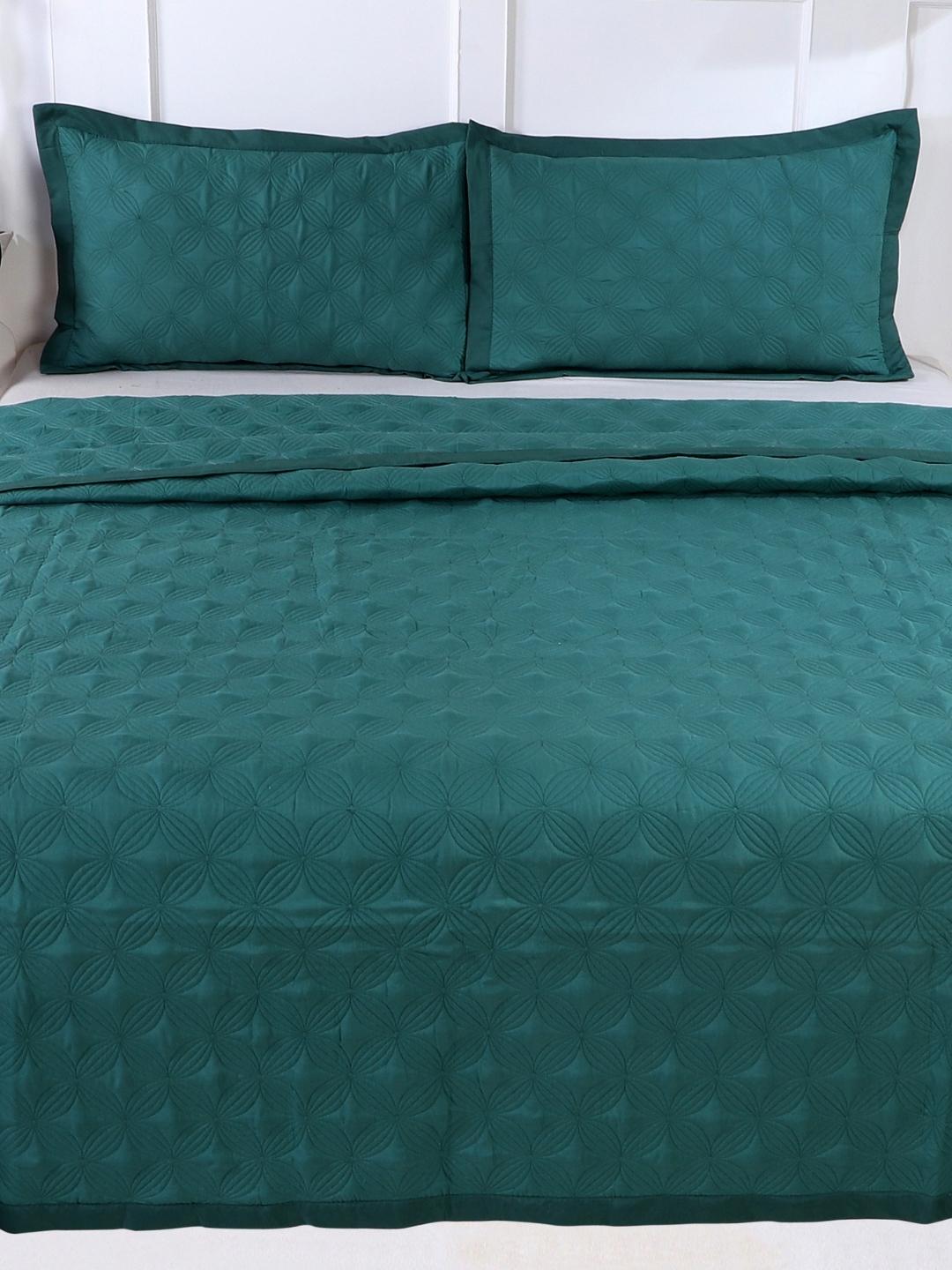 Double Bed Embroidered and Quilted Bedcover Set-Royal Green