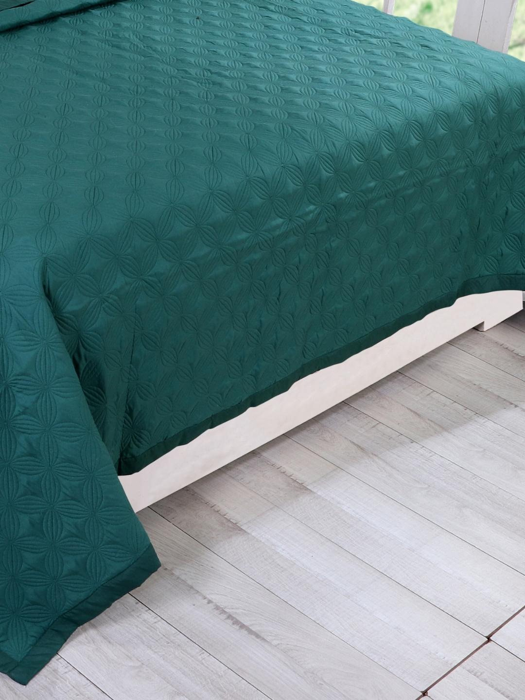 Double Bed Embroidered and Quilted Bedcover Set-Royal Green