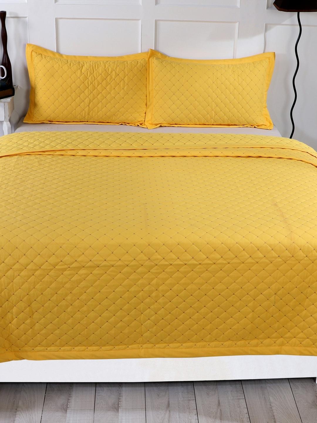 Double Bed Embroidered and Quilted Bedcover Set-Mustard Yellow