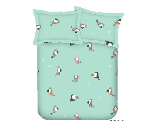 Bird Print Single Bed Cotton Kids Bedsheet-Sea Green