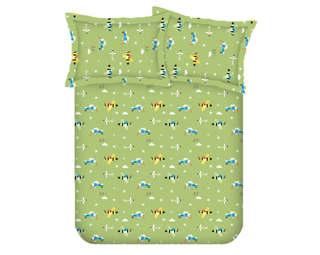 Airplane Print Single Bed Cotton Kids Bedsheet-Green