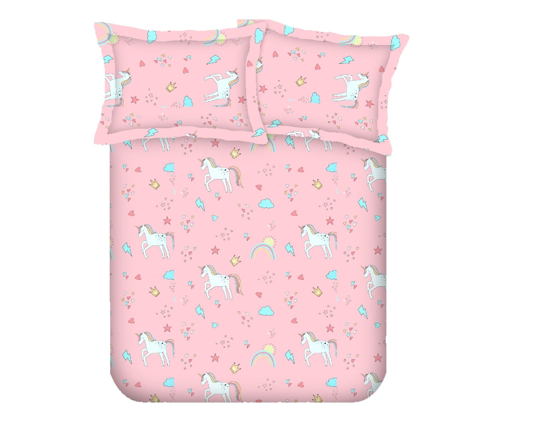 Unicorn Print Single Bed Cotton Kids Bedsheet-Pink