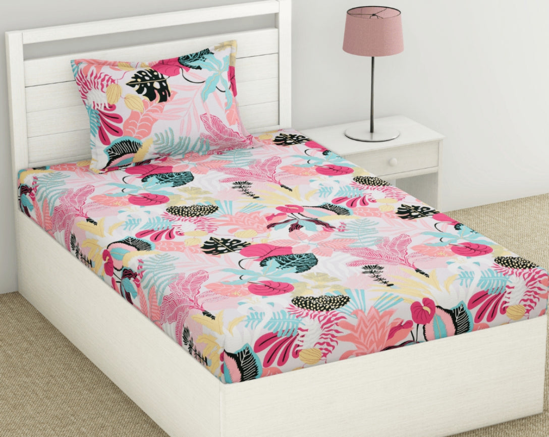Tropical Print Single Bed Cotton Kids Bedsheet-Pink