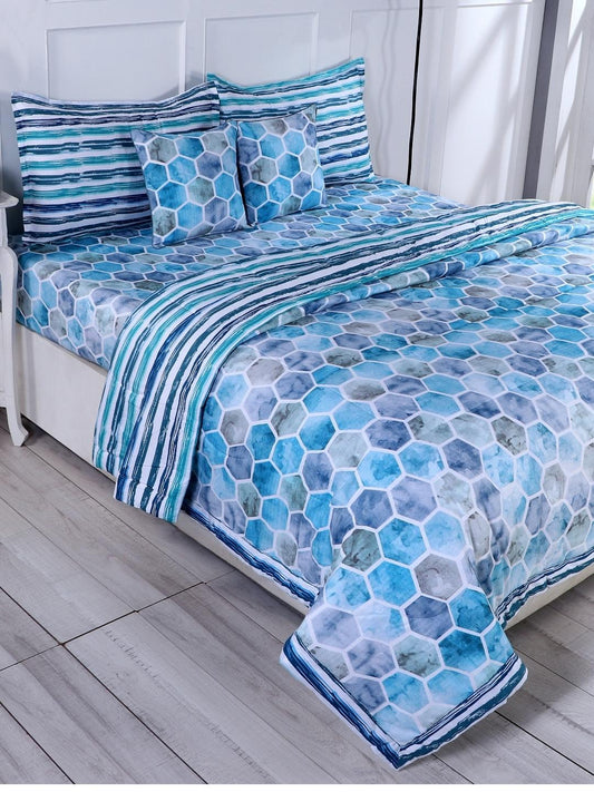 Cotton 6 Pcs Double Bed Bedding Set-Blue and Grey-Turquoise Blue