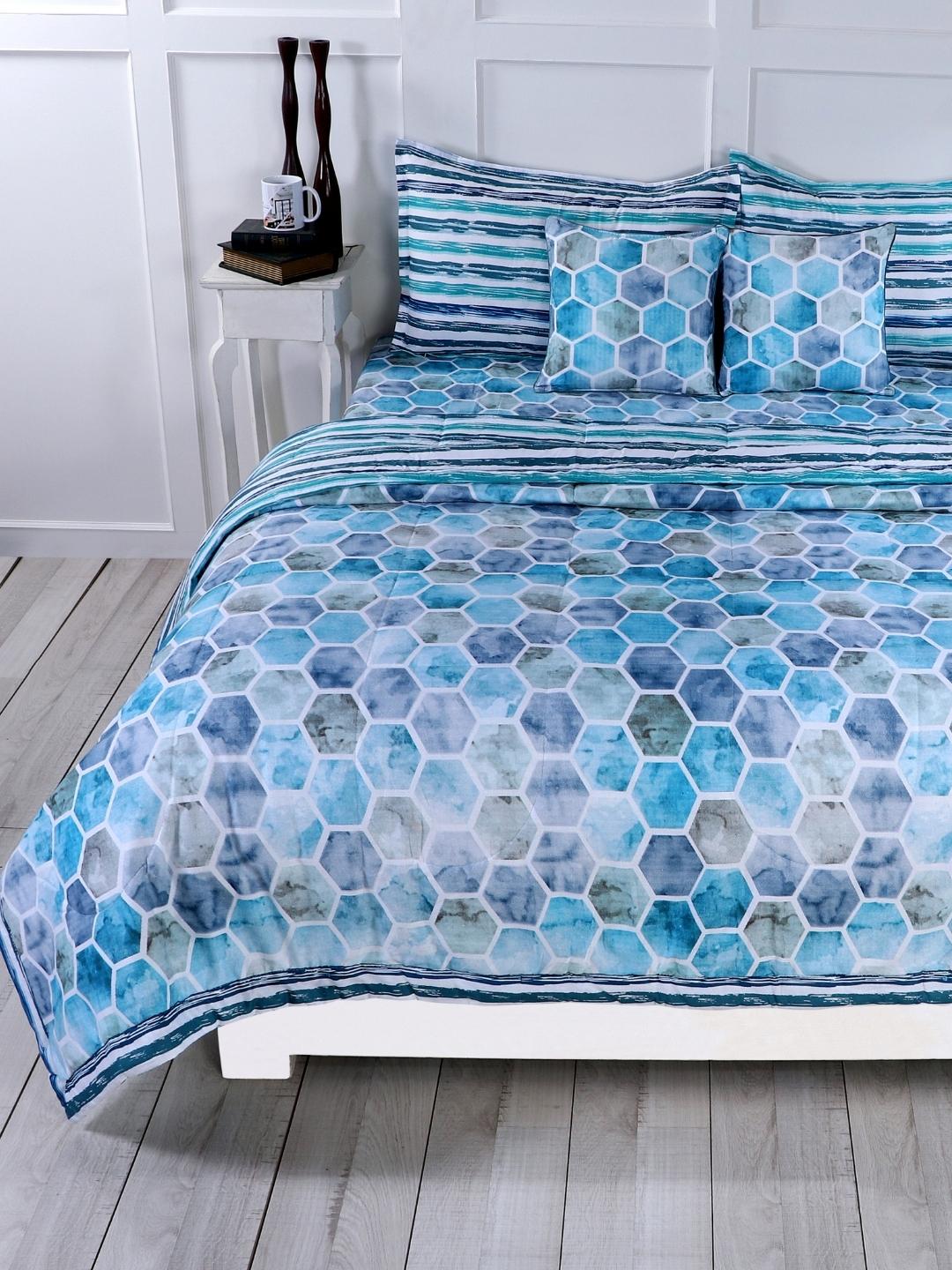 Cotton 6 Pcs Double Bed Bedding Set-Blue and Grey-Turquoise Blue
