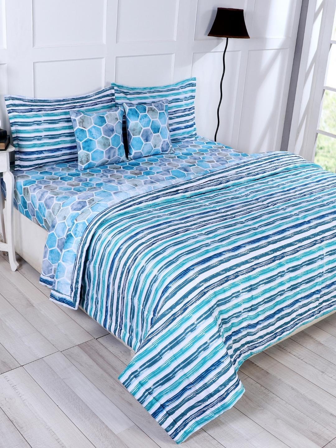 Cotton 6 Pcs Double Bed Bedding Set-Blue and Grey-Turquoise Blue