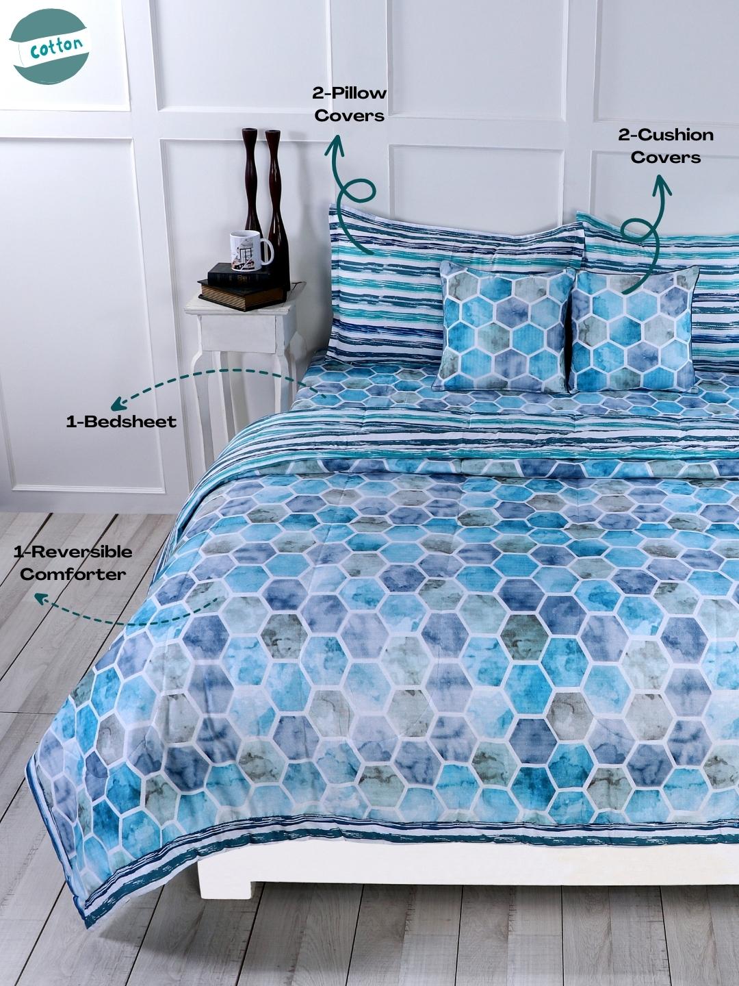 Cotton 6 Pcs Double Bed Bedding Set-Blue and Grey-Turquoise Blue