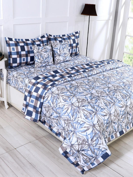 Cotton 6 Pcs Double Bed Bedding Set-Blue and Grey-Floral Navy Blue