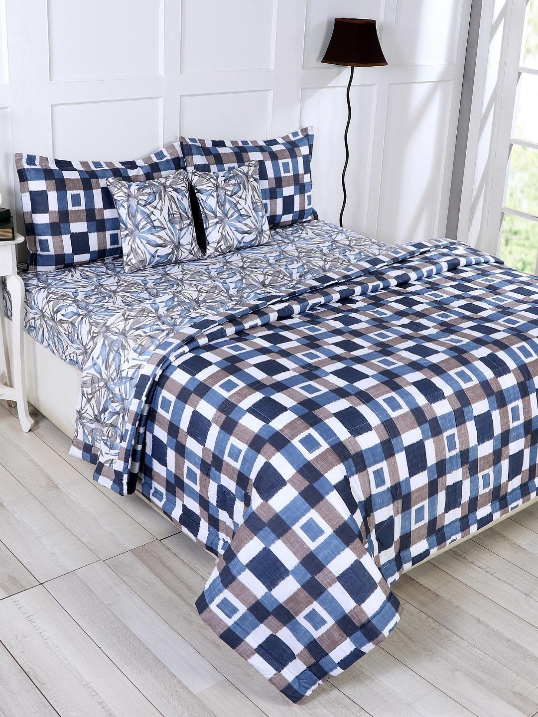Cotton 6 Pcs Double Bed Bedding Set-Blue and Grey-Floral Navy Blue