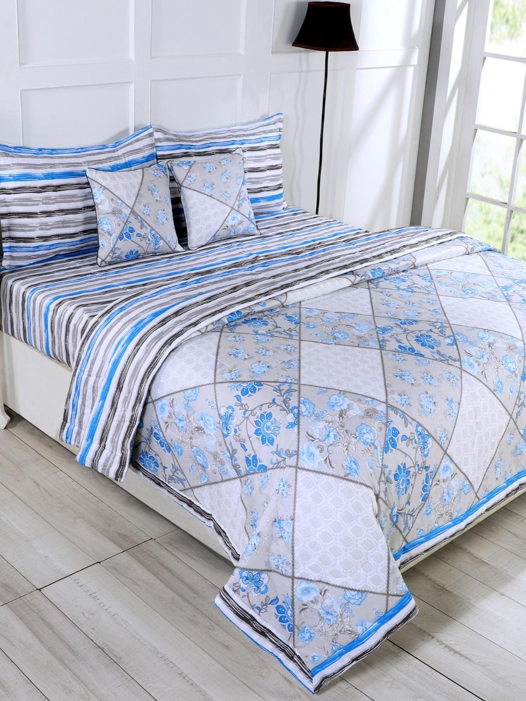 Cotton 6 Pcs Double Bed Bedding Set-Blue and Grey-Blue and Silver