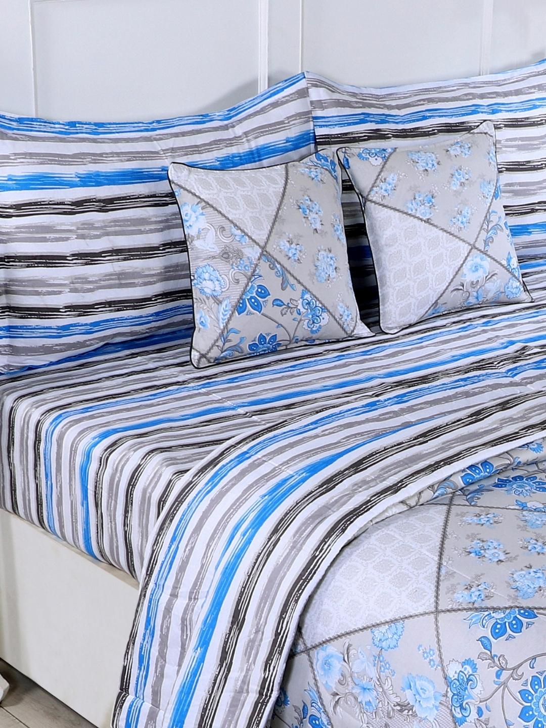 Cotton 6 Pcs Double Bed Bedding Set-Blue and Grey-Blue and Silver