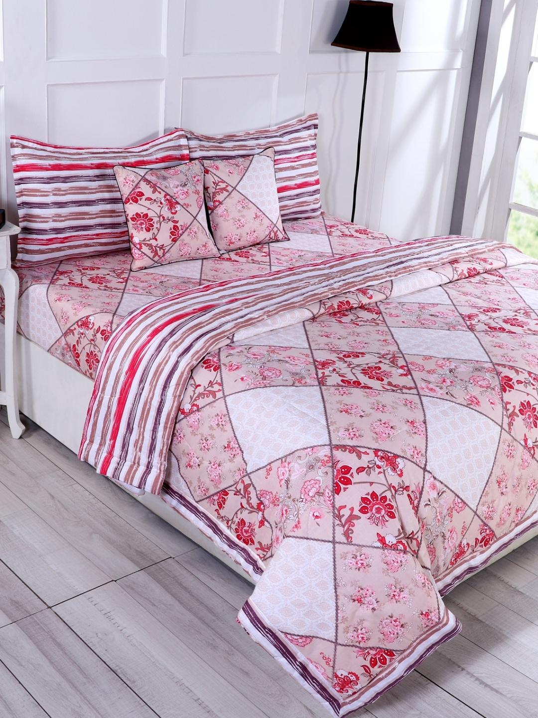 Cotton 6 Pcs Double Bed Bedding Set-Blue and Grey-Red and Cream