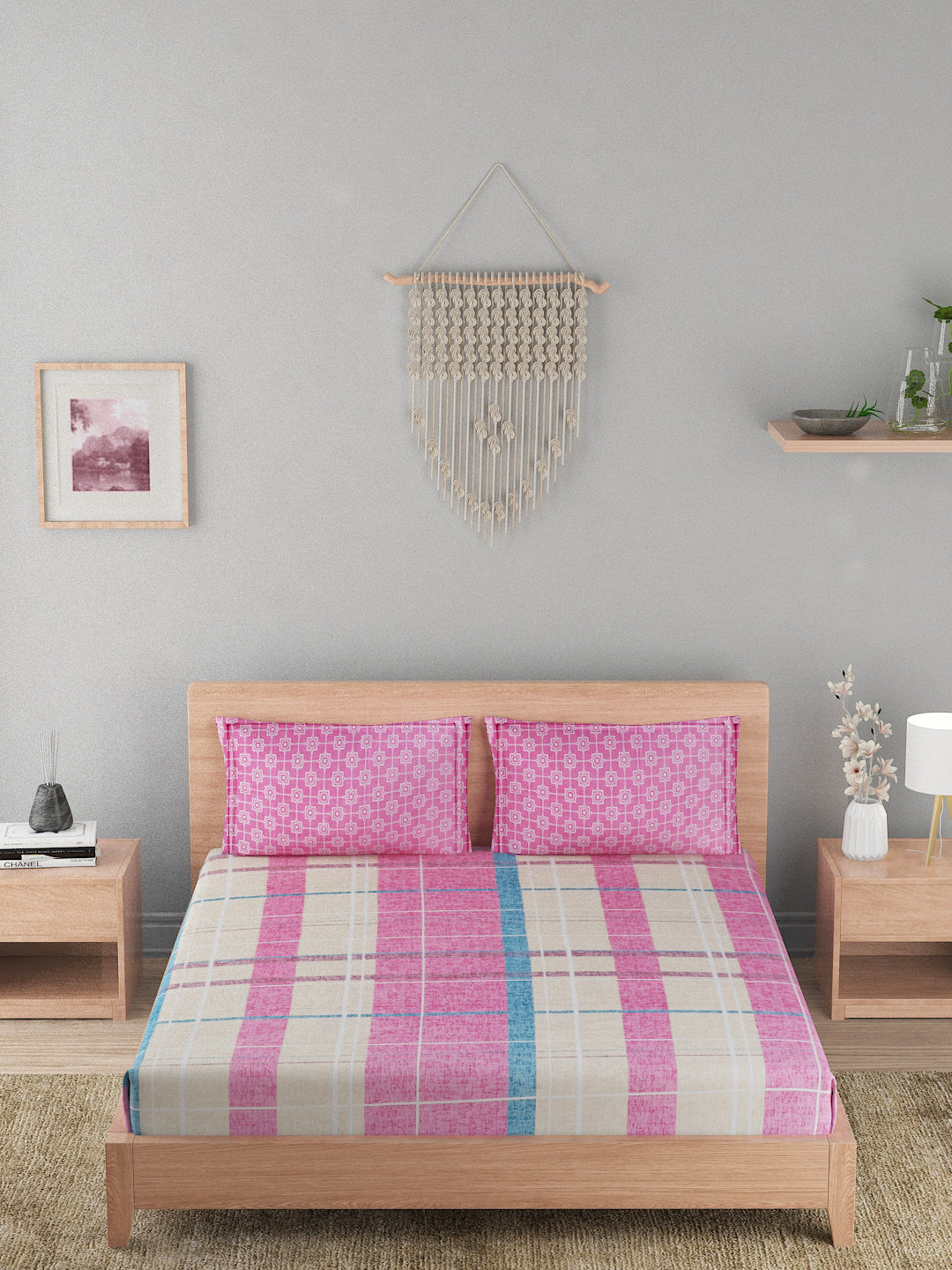 144 TC Cotton Double Bed Bedsheet With 2 Pillow Covers-Pink Checks