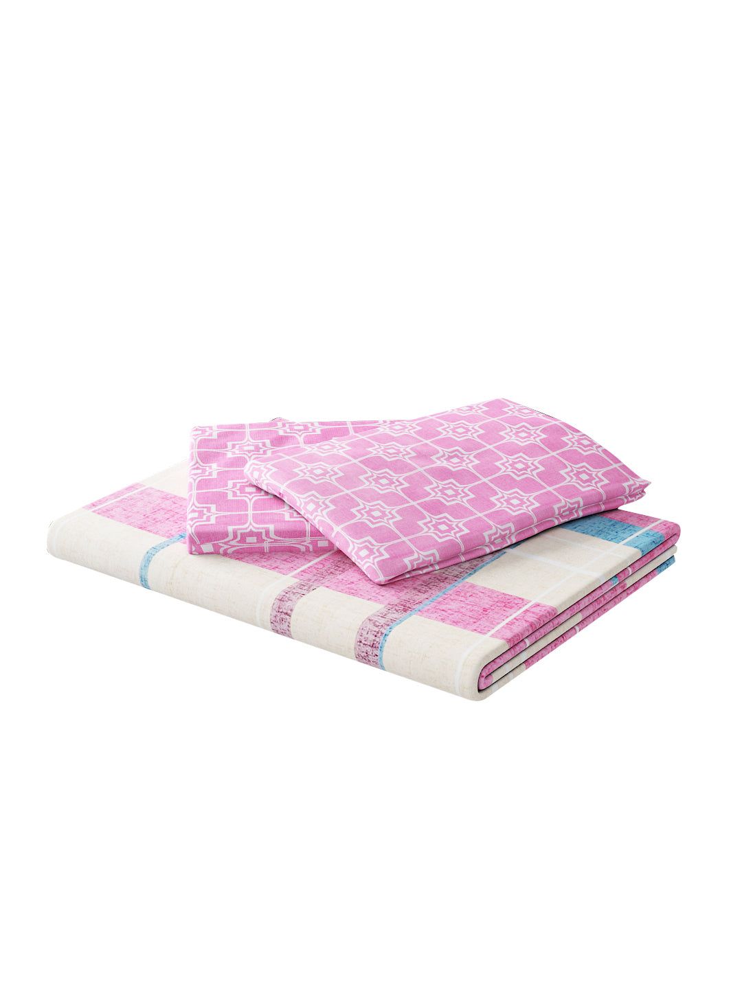 144 TC Cotton Double Bed Bedsheet With 2 Pillow Covers-Pink Checks
