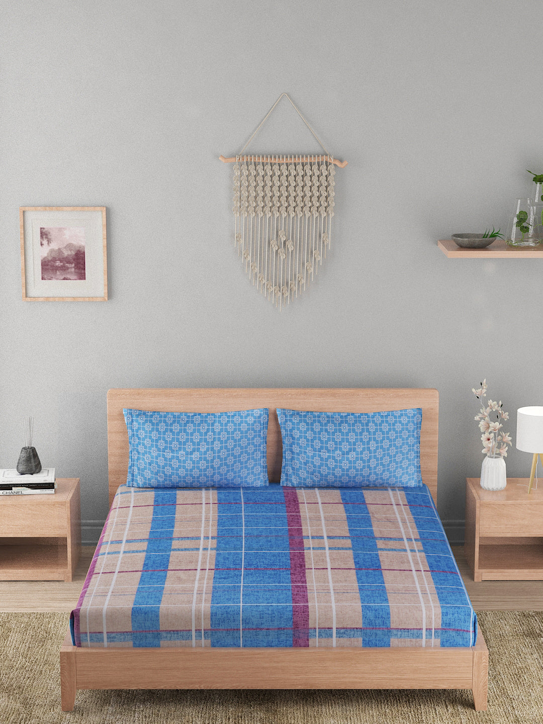 144 TC Cotton Double Bed Bedsheet With 2 Pillow Covers-Blue Checks