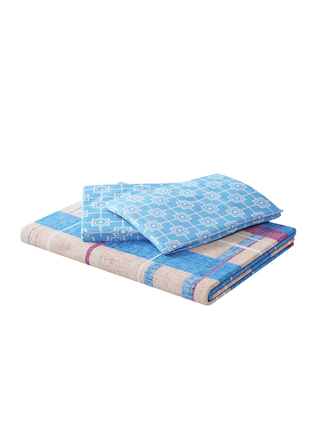144 TC Cotton Double Bed Bedsheet With 2 Pillow Covers-Blue Checks