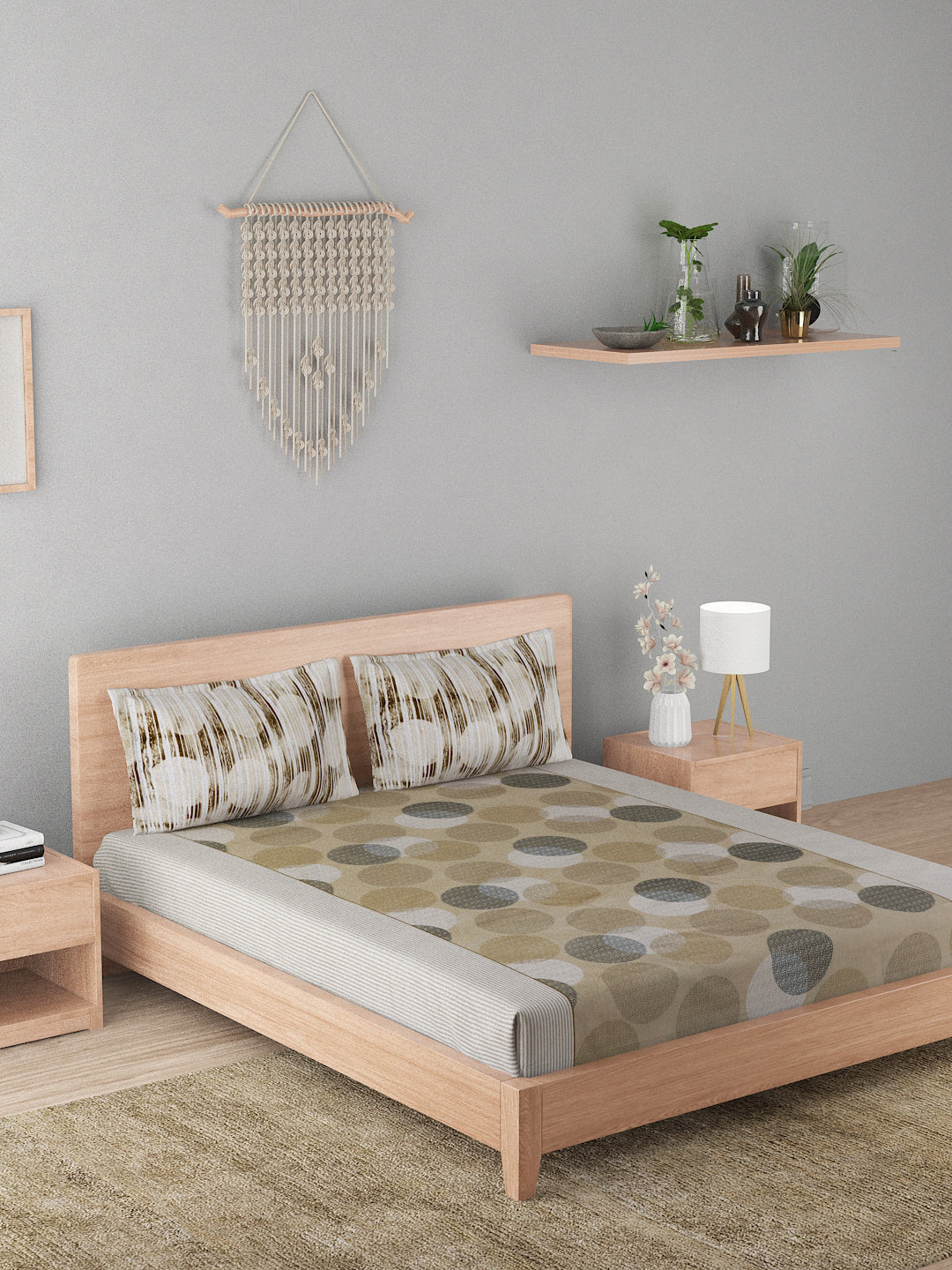 144 TC Cotton Double Bed Bedsheet With 2 Pillow Covers-Taupe