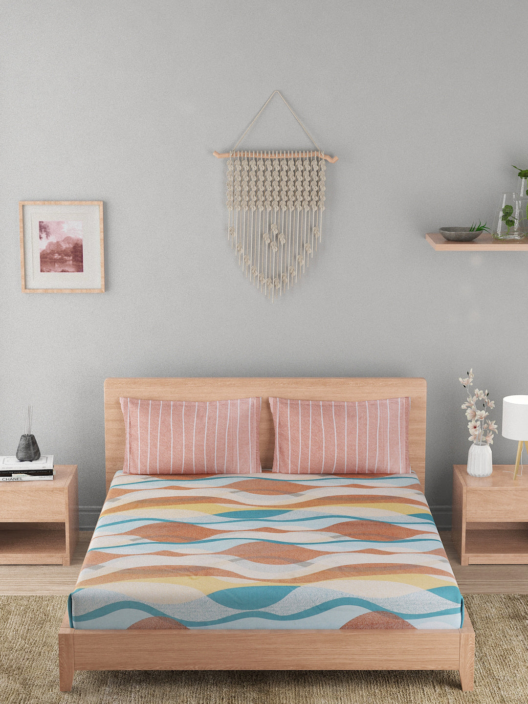 144 TC Cotton Double Bed Bedsheet With 2 Pillow Covers- Multicolor & Aqua blue