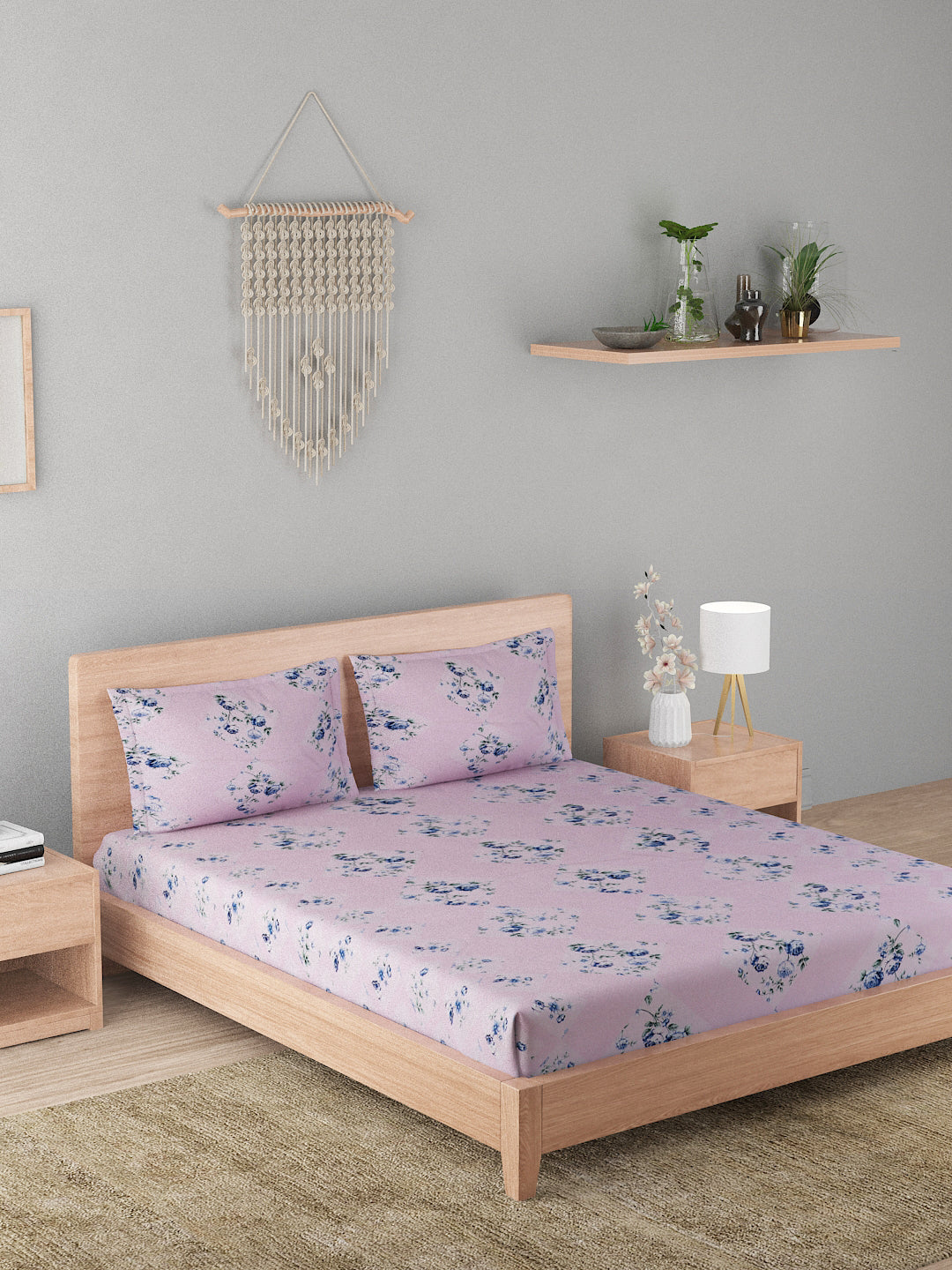 180 TC Double Bed Cotton Bedsheet with 2 Pillow Covers-Light Pink